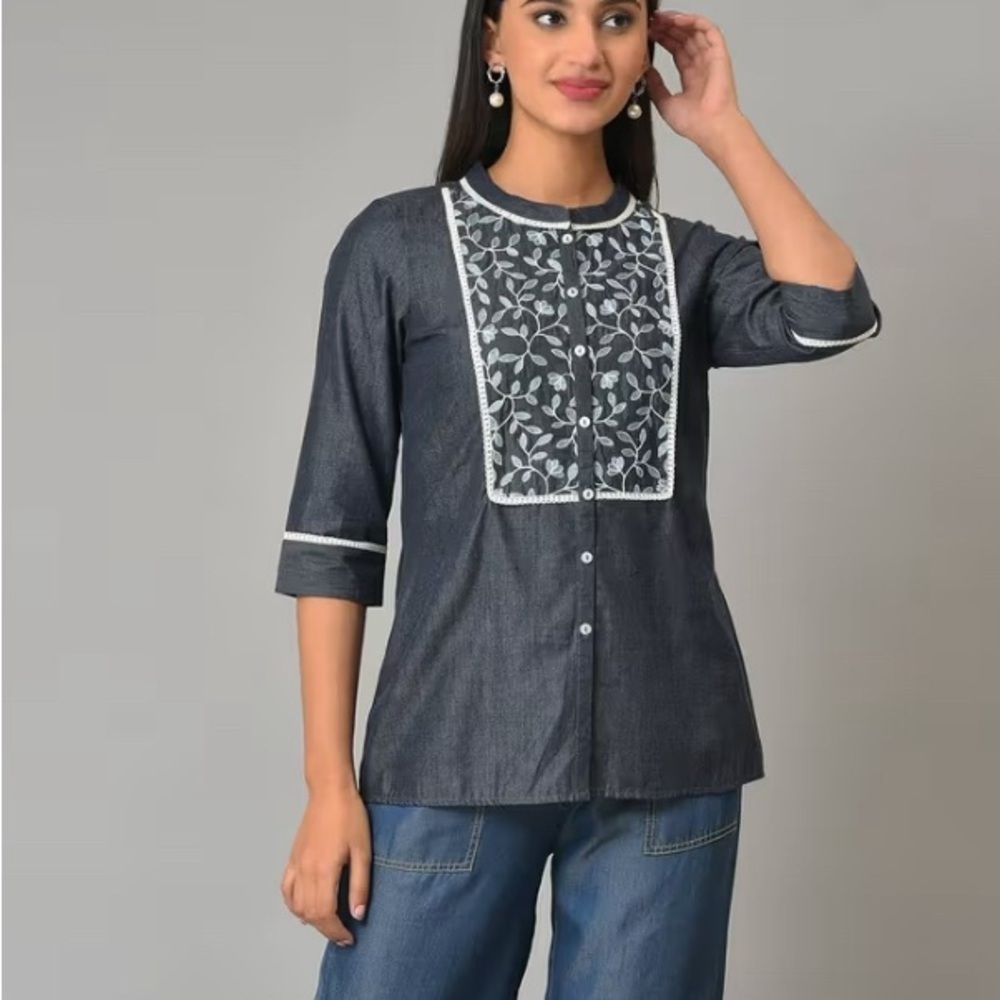 Aurelia - Blue 3/4 sleeve embroidered button down blouse